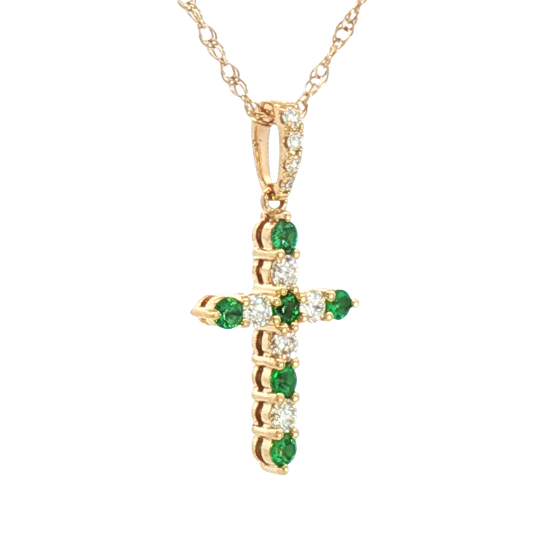 Vibrant 18K Yellow Gold 0.13 Carats Emerald & 0.16 Carats Diamond Small Cross Pendant