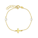 14K Yellow Gold 5-6" Polished Cross & June Birthstone Pearl Bracelet For Children