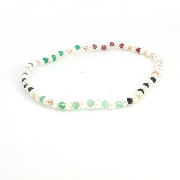 Pearl, Garnet, Black Spinel, Green Onyx, Emerald, Labradorite, Sapphire, & Yellow Gold Filled Bead Bracelet - 6.5 Inch