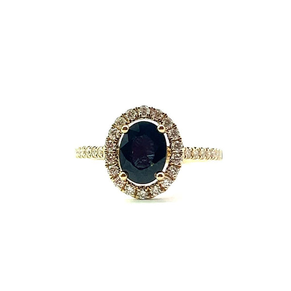 Bold & Elegant 14K Gold Yellow Halo Color Stone Fashion Ring - Oval 1.68 Carats Blue Sapphire & 0.38 Carats Diamond Halo Fashion Ring