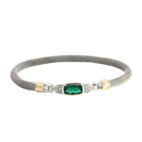Elegant & Eye Catching Sterling Silver & 14K Yellow Gold  4 x 8 MM Lab Grown Emerald & 0.10 Carats Lab Grown Diamond Bangle Mesh Bracelet - 7 Inch