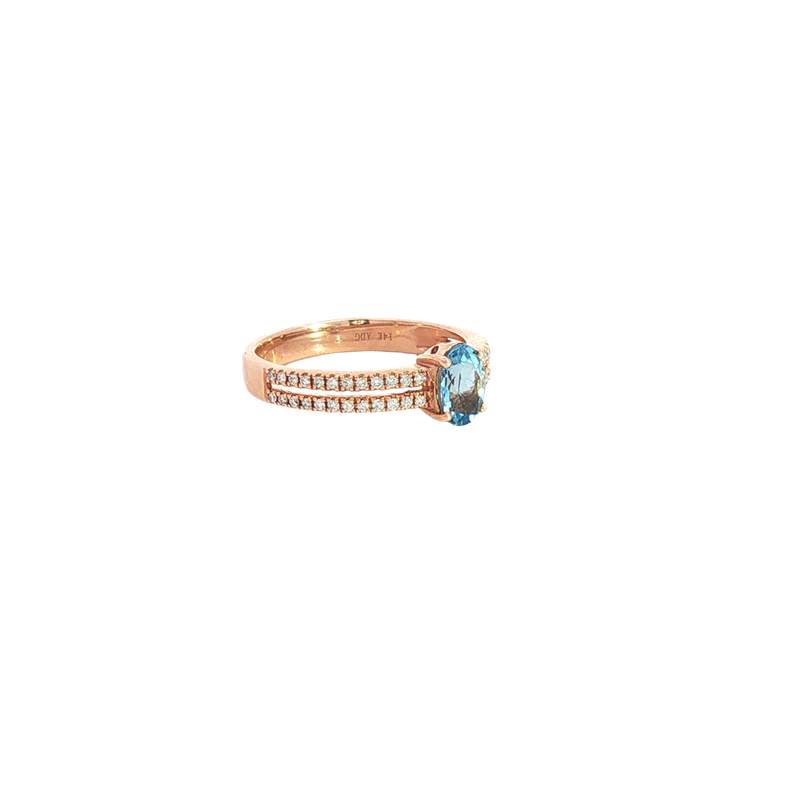 Bold & Elegant 14K Rosé Gold Oval Cut 0.63 Carats Light Blue Aquamarine & 0.18 Carats Diamond Ring