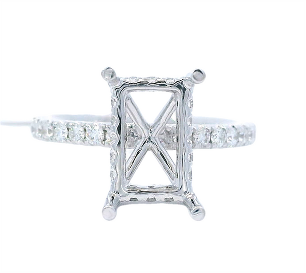 18K White Gold Engagement Ring Setting for 10.5x7mm Emerald-Cut Gemstone with 0.44ct Diamonds