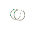 Vibrant Color Stone 18K White Gold 0.34 Carats Emerald & 0.24 Carats Diamond Small 15mm Hoop Earrings
