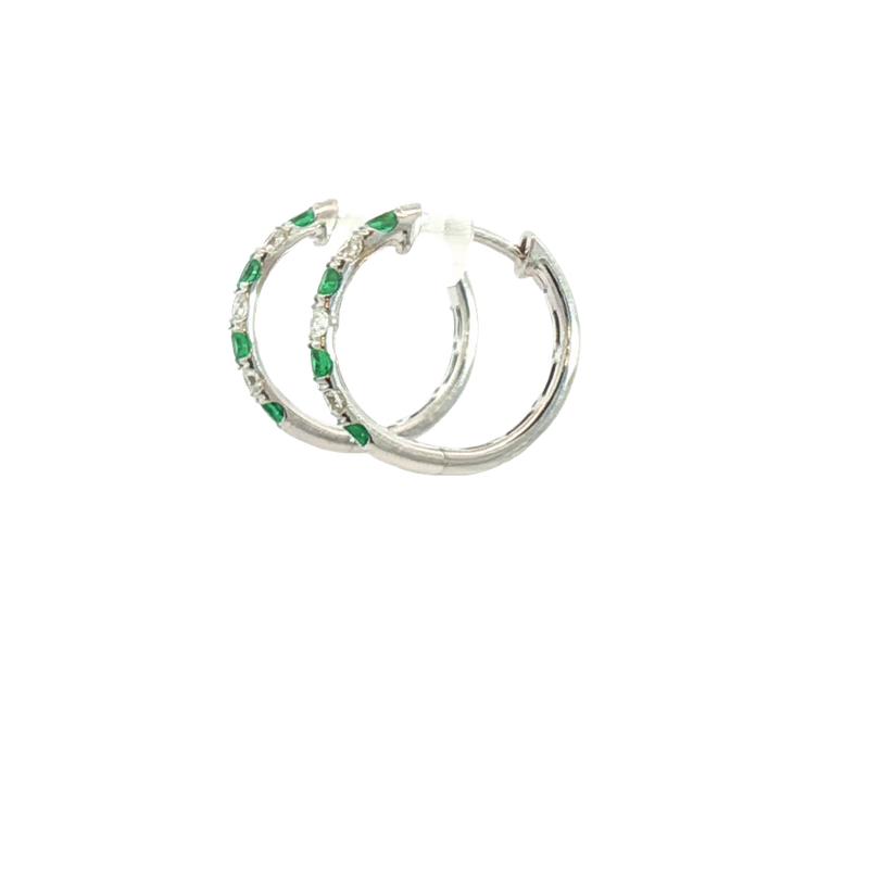 Vibrant Color Stone 18K White Gold 0.34 Carats Emerald & 0.24 Carats Diamond Small 15mm Hoop Earrings