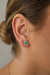 Vibrant Color Stone 18K White Gold Round Cut 0.88 Carats Emerald & 0.28 Carats Diamond Halo Earrings