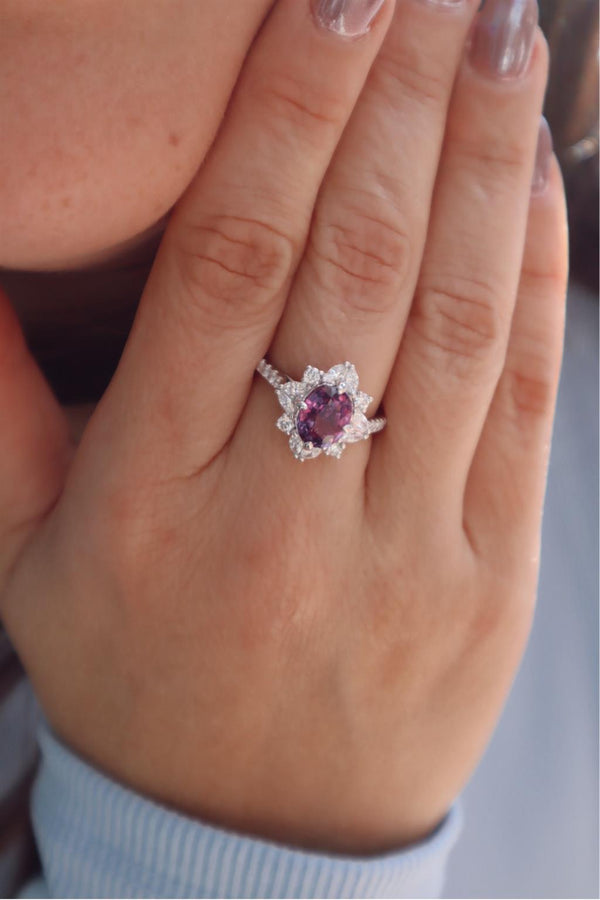 18K White Gold Halo Oval Pink Sapphire Ring with Marquise & Round Diamonds, 2.02ct Sapphire & 0.70ct Diamonds, F/G Color, VS2 Clarity