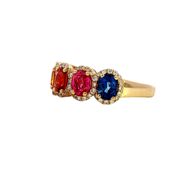 Bold & Elegant 14K Yellow Gold Oval Cut 2.78 Carats Mulit Colored Sapphires &  0.34 Carats Diamond Halo Ring