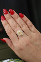 18K Gold Two-Toned Halo Emerald Cut Yellow Diamond Engagement Ring - 2.25 CTW Diamond