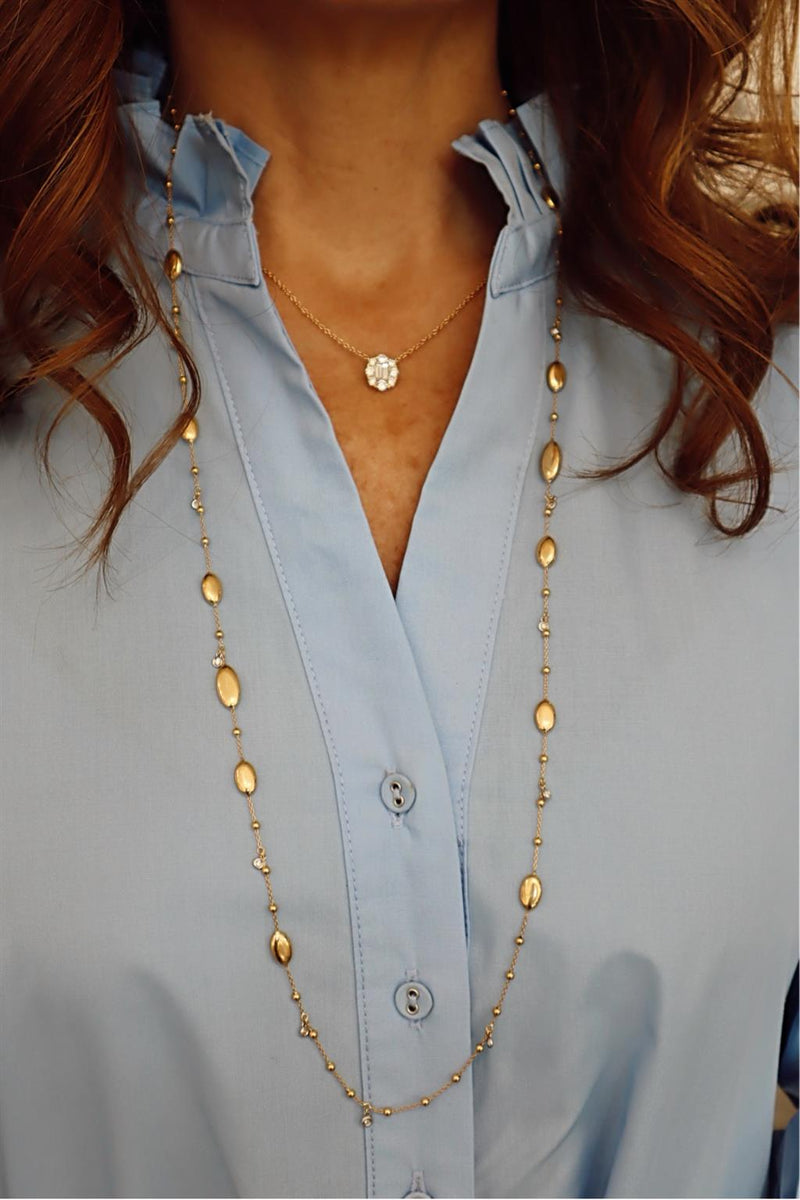 Elegant Diamond Necklaces 18K Gold Yellow 0.22 Carats Baguette Diamond & 0.63 Carats Round Diamond Halo Necklace - 18 Inch