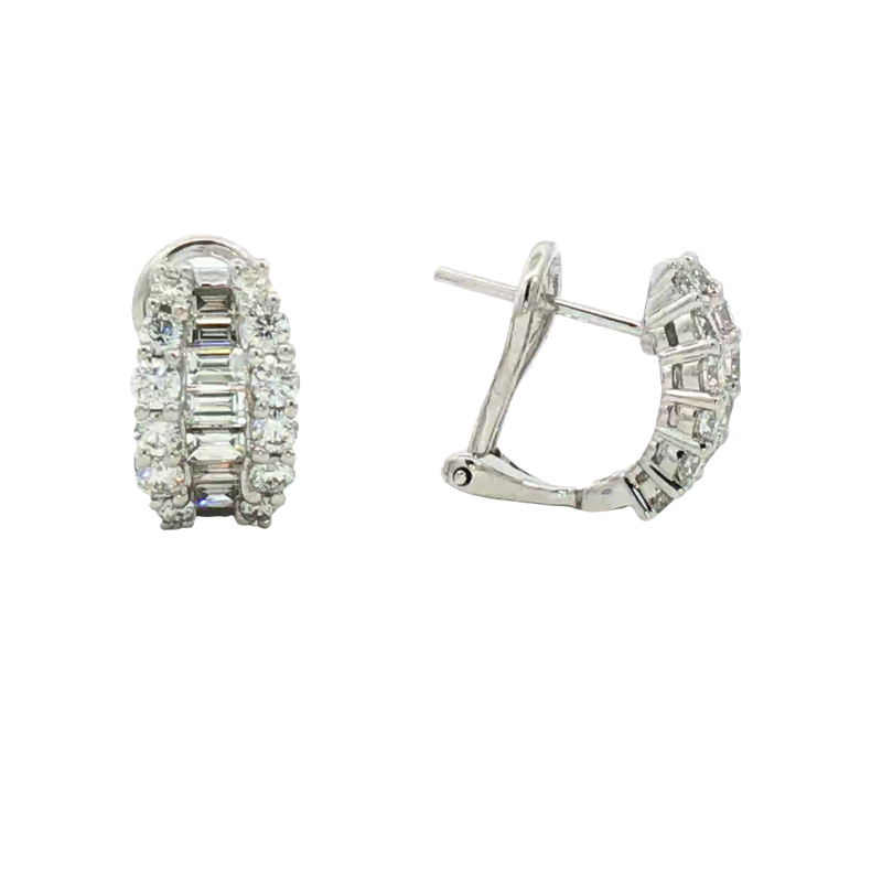 Classic & Contemporary 18K Gold White 1.39 Carats Baguette & Round Diamond Huggie Earrings