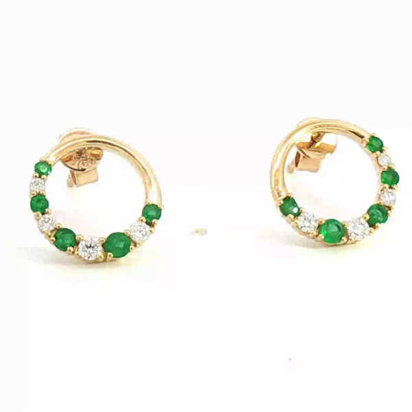 Vibrant Color Stone 18K Gold Yellow 0.26 Carats Emeralds & 0.19 Carats Diamonds Small Hoop Earrings