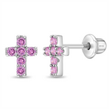 Sterling Silver The Perfect Cross 7.0 MM Pink CZ Earrings With Screw Backs