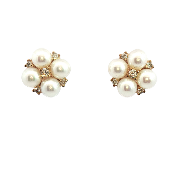 Timeless & Sophisticated Design 10K Yellow Gold 4MM Cultured Pearls & 0.10 Carats Diamonds Stud Earrings