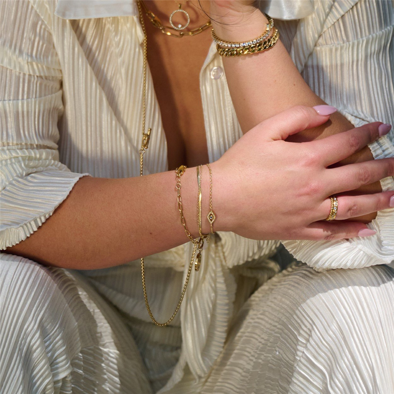 Bold & Stylish Yellow Gold IP Stainless Steel Herringbone & Oval Link Layered Bracelet - 7.5 Inch