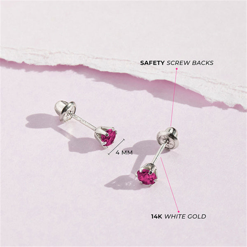 14K White Gold July Birthstone Pink CZ Earrings For Children