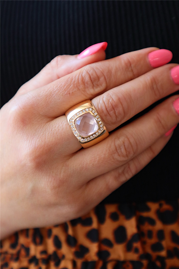 Bold & Elegant 18K Rosé Gold 4.57 Carat Cushion Cut Rose Quartz & 0.35 Carat Diamond Halo Wide Band Ring