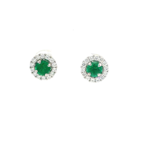Vibrant Color Stone 18K White Gold 0.96 Carats Emerald & 0.51 Carat Diamond Halo Stud Earrings