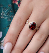 Bold & Elegant 14K Yellow Gold 2.75 Carats Oval Cut Garnet & 0.30 Carats Diamond Halo Ring