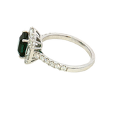 Bold & Elegant 18K White Gold Cushion Cut 2.14 Carats Green Indicolite & Baguette & Round Cut 1.02 Carats Diamond Halo Ring