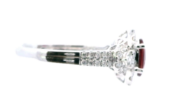 18K White Gold Halo Oval-Cut Ruby & Diamond 3-Stone Inspired Ring, 1.02ct Ruby & 0.55ct Diamonds, F/G Color, VS2 Clarity
