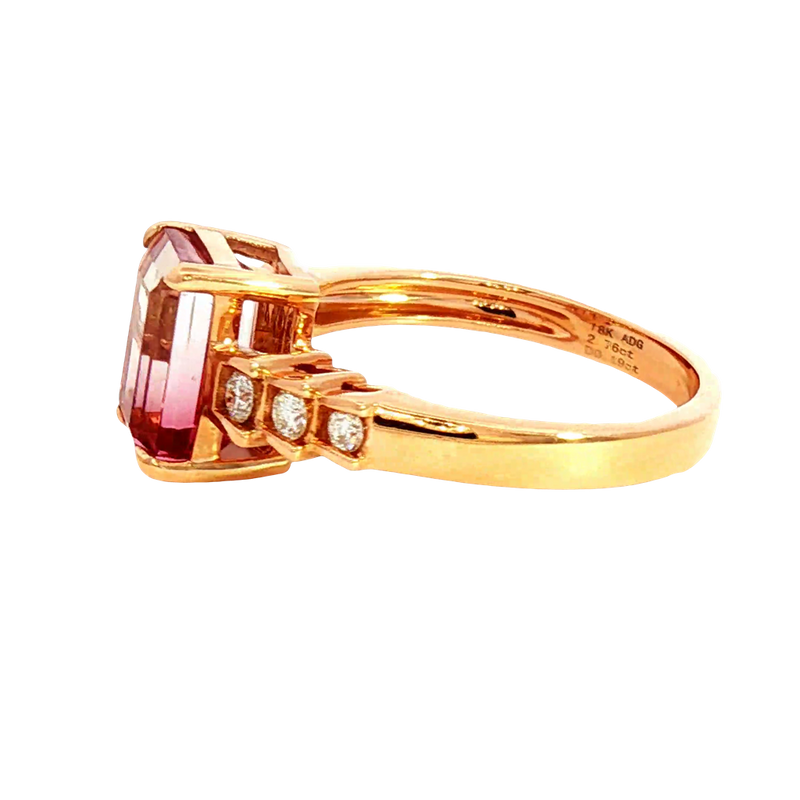 Bold & Elegant 18K Rosé Gold Emerald Cut 2.76 Carats Watermelon Tourmaline & 0.19 Carats Diamond Ring