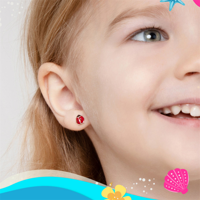 Sterling Silver Adorable Enamel Ladybug Earrings For Children