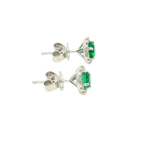 Vibrant Color Stone 18K White Gold Round Cut 0.88 Carats Emerald & 0.28 Carats Diamond Halo Earrings