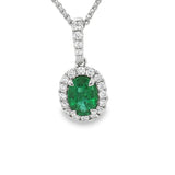Vibrant 18K White Gold Oval Cut 0.70 Carats Emerald & 0.27 Carats Diamond Halo Pendant