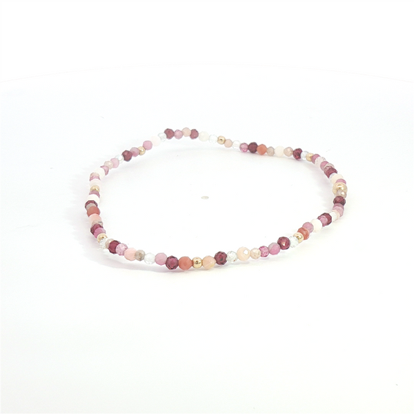 Yellow Gold Filled, Garnet, Peach Moonstone, White Topaz, Amethyst, & Pink Selenite Bead Bracelet - 6.5 Inch