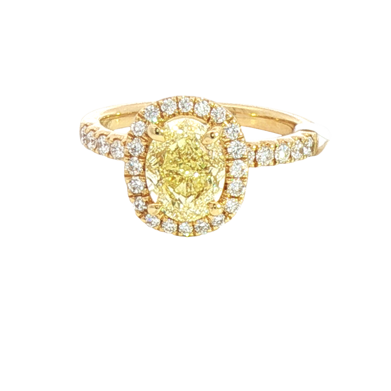 18K Yellow Gold Oval 2.22 Carats Fancy Yellow & Round White Diamond Halo Ring