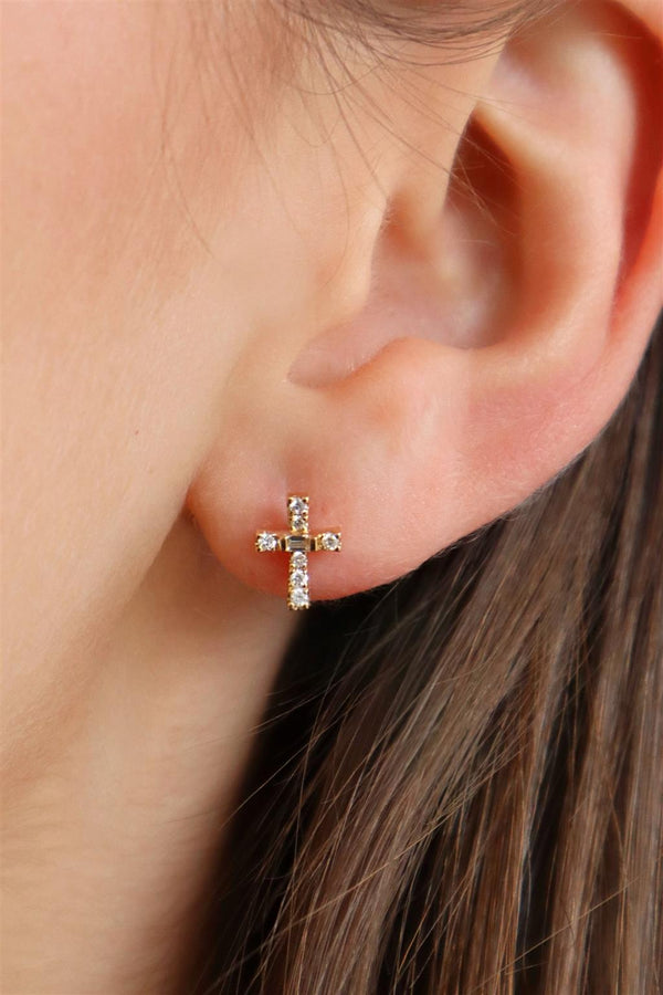 Classic & Contemporary 18K Yellow Gold 0.17 Carats Baguette & Round Diamond Stud Cross Earrings