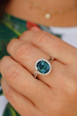 Bold & Elegant 18K Gold White Diamond Halo Ova Blue Tourmaline Fashion Ring - Oval Tourmaline 2.68 Carats & Diamond 0.22 Carats