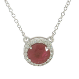 Vibrant Colored Stone Necklaces 14K White Gold Round Cut 0.96 Carats Ruby & 0.27 Carats Diamond Halo Station Necklace - 18 Inch