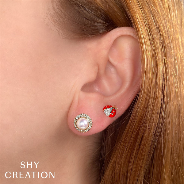 Timeless & Sophisticated Design Yellow 14K Gold 6.0-6.5mm Cultured Pearl & 0.26 Carats Diamond Stud Earrings