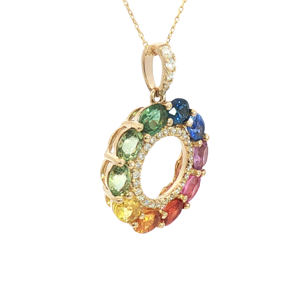 Vibrant Colored Stone Necklaces 14K Yellow Gold 2.17 Carats Multi Colored Sapphires & 0.12 Carats Diamond Necklace, 18 Inch