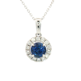 Elegant Colored Stone Necklace Platinum 1.07 Carats Blue Sapphire & 0.25 Carats Diamond Halo Necklace - 18 Inch