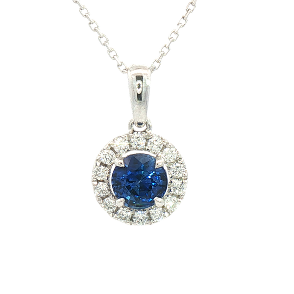 Elegant Colored Stone Necklace Platinum 1.07 Carats Blue Sapphire & 0.25 Carats Diamond Halo Necklace - 18 Inch