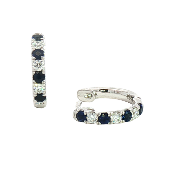 Vibrant Color Stone 18K White  Gold 0.45 Carats Blue Sapphire & 0.24 Carats Diamond Small Hoop Earrings