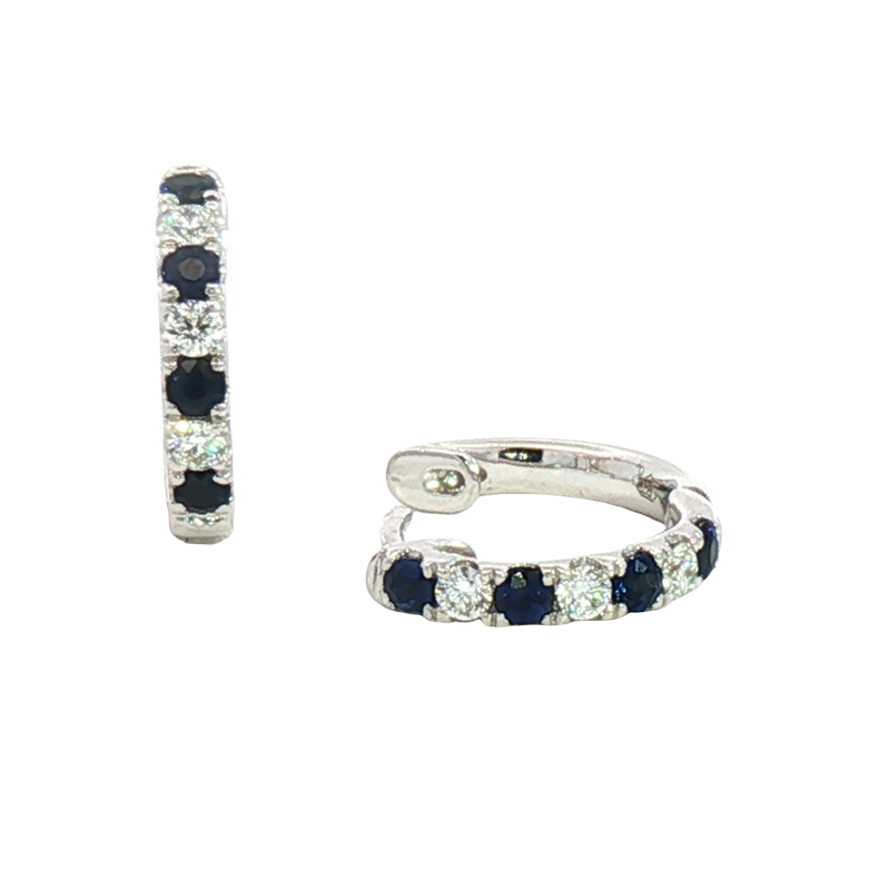 Vibrant Color Stone 18K White  Gold 0.45 Carats Blue Sapphire & 0.24 Carats Diamond Small Hoop Earrings