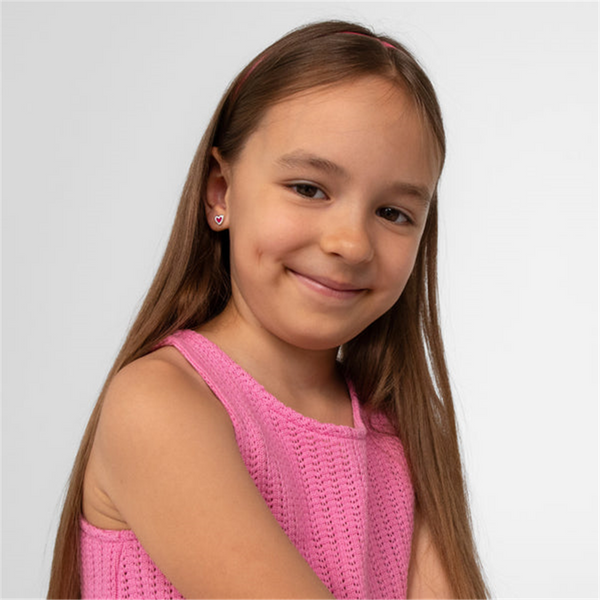 Sterling Silver Hearts & More Hearts Pink & White Enamel Earrings For Children