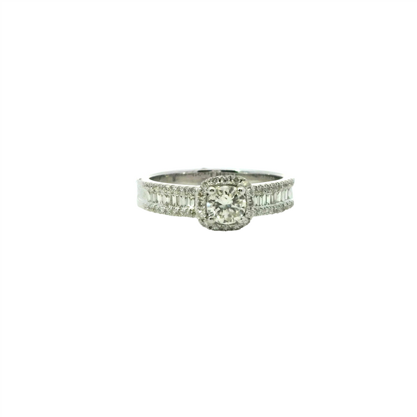 White 14 Karat Gold 0.83 Carats Round Diamond Halo & Baguette Diamond Engagement Ring