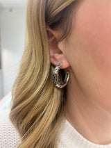 Vibrant Color Stone Sterling Silver Medium Pave Black Spinel Hoop Earrings