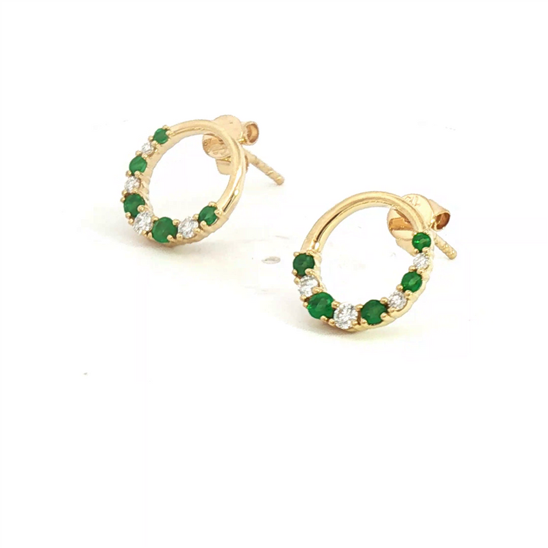 Vibrant Color Stone 18K Gold Yellow 0.26 Carats Emeralds & 0.19 Carats Diamonds Small Hoop Earrings