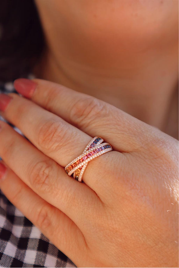 Bold & Elegant 18K Gold Rosé Color Stone Fashion Rings - Diamond Accented Fancy Rainbow Sapphire Criss Cross Band, 1.10 Carats Sapphire & 0.37 Carats Diamond