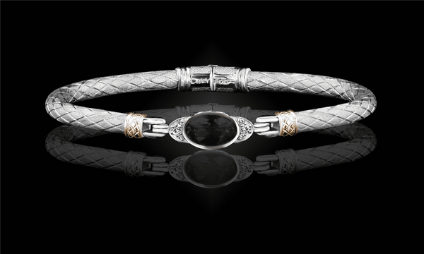 Elegant & Eye Catching Sterling Silver & 14K Yellow Gold Black Onyx & 0.10 Carats Lab Grown Diamond Bangle Bracelet - 6.5 Inch