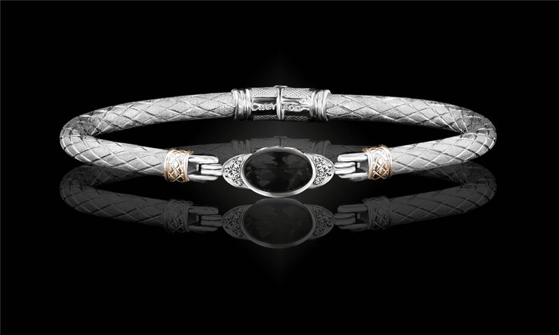 Elegant & Eye Catching Sterling Silver & 14K Yellow Gold Black Onyx & 0.10 Carats Lab Grown Diamond Bangle Bracelet - 6.5 Inch