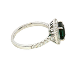 Bold & Elegant 18K White Gold Cushion Cut 2.14 Carats Green Indicolite & Baguette & Round Cut 1.02 Carats Diamond Halo Ring