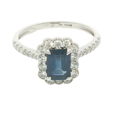 Bold & Elegant 14K White Gold Emerald Cut 1.08 Carats Blue Sapphire & 0.48 Carats Diamond Halo Ring