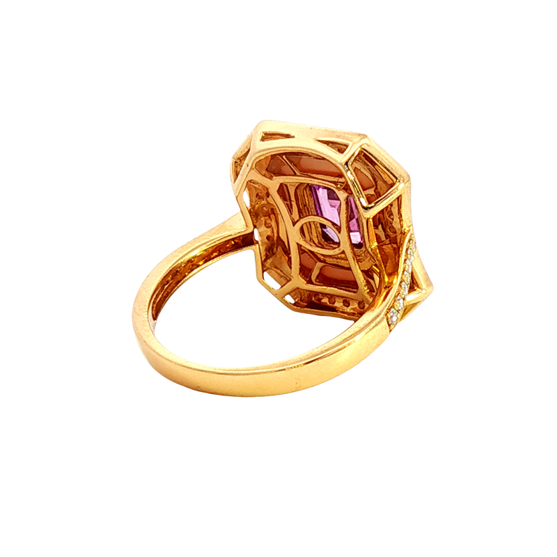 Bold & Elegant 18K Yellow Gold Emerald Cut 1.0 Carat Natural Pink Unheated Sapphire, Mother of Pearl & 0.27 Carats Diamond Double Halo Ring